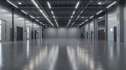 Obraz premium A spacious, modern industrial warehouse interior featuring polished concrete floors, bright overhead lighting, and loading dock doors.