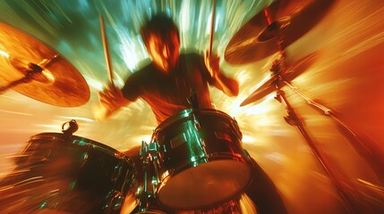 A dynamic drummer performs passionately, creating a vibrant, energetic atmosphere with colorful light trails highlighting the intensity of the moment.
