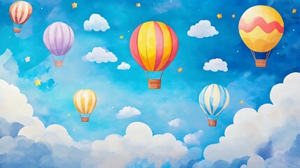 Fototapeta premium Colorful hot air balloons floating in a blue sky filled with clouds, creating a whimsical and dreamy atmosphere with a cheerful vibe.