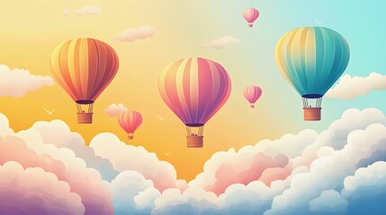 Fototapeta premium A vibrant illustration of colorful hot air balloons floating in a serene sky with fluffy clouds, creating a dreamy atmosphere. Perfect for travel themes.