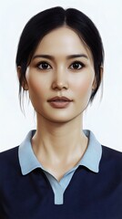 A portrait of a young woman with a neutral expression, wearing a navy blue polo shirt. She has long dark hair and a natural makeup look.