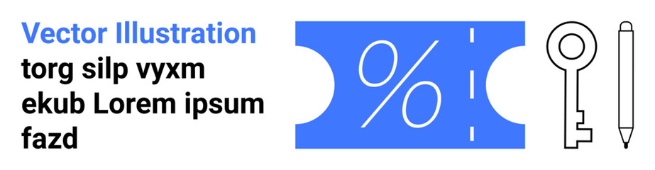 Discount coupon featuring percentage, key, dashed cutline, pen. Ideal for marketing, savings, deals, security access finance design themes. Abstract line flat metaphor