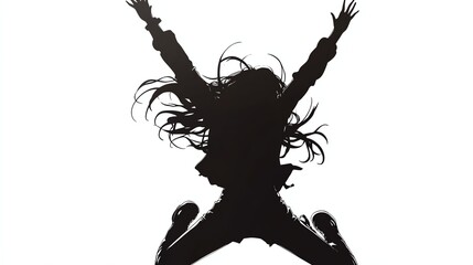 A silhouette of a person jumping joyfully, with arms raised and long hair flowing, set against a stark white background.