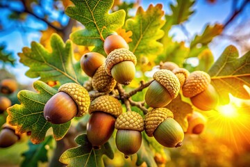 Obraz premium Autumn Oak Branches with Acorns - Silhouettes in Bright Light