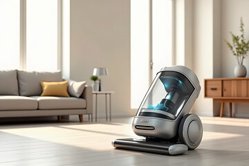 Modern robotic vacuum cleaner in a stylish living room with natural light