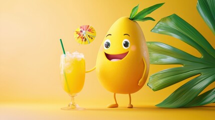 Vibrant Yellow Banana Next to Refreshing Drink and Colorful Flower