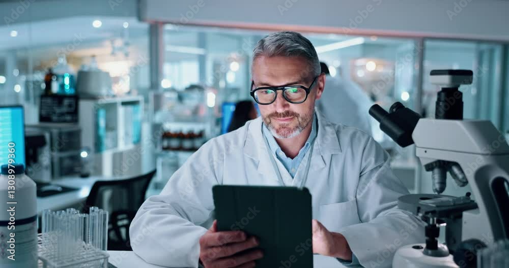 Poster man, scientist and typing on tablet in lab for research, medical report and experiment results. matu