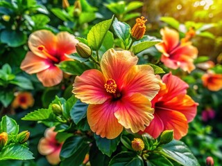 Bush Hibiscus Lush Green Leaves Vibrant Flowers