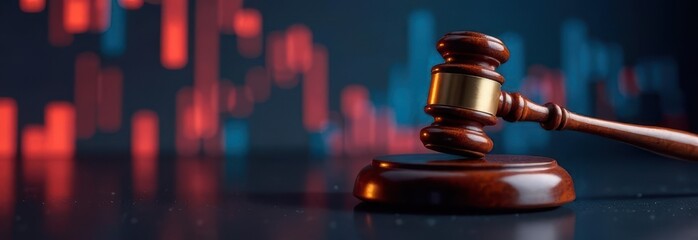 Judge gavel on stock market chart background symbolizing economic justice