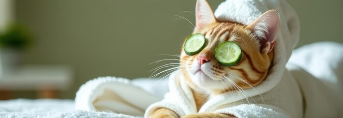 Ginger cat relaxing in spa with cucumber slices on eyes and bathrobe