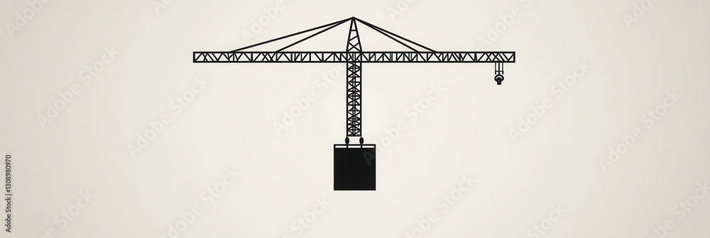 Poster minimalist construction logo featuring a silhouette of a tower crane lifting a block in modern line 