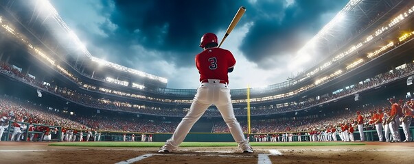 A baseball player prepared to bat inside of a large stadium