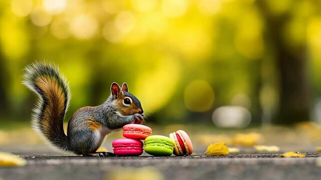 Squirrel is eating a pastry with a pink and green filling. The pastry is on a table and the squirrel is sitting on the ground