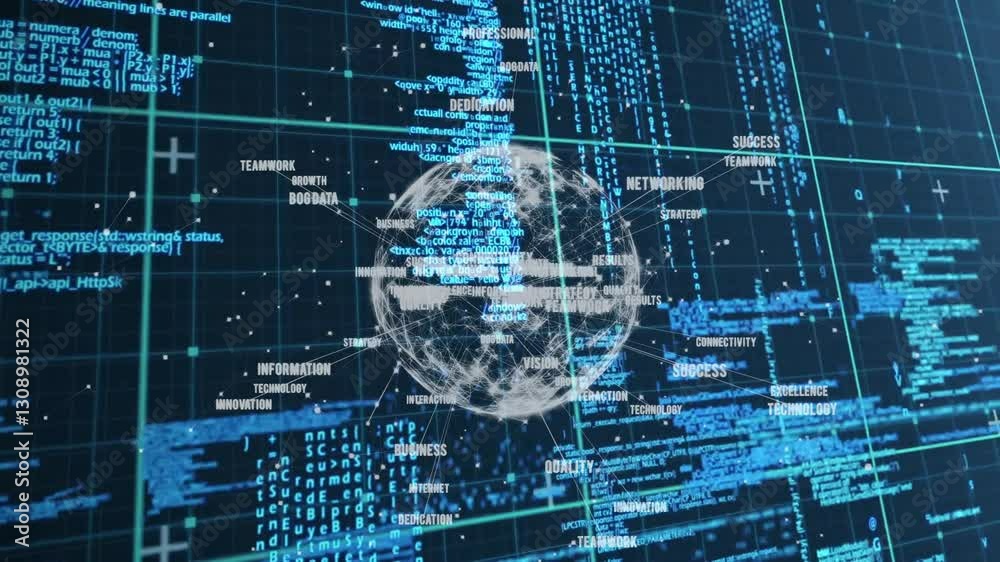 Poster animation of digital globe with blue data streams and technology words floating