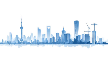 Obraz premium A blue silhouette of buildings and construction cranes on white background vector illustration 