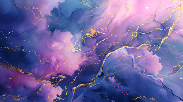 Alcohol ink painting with gold leading edge in relief, featuring pink and purple hues blending seamlessly in a fluid design.