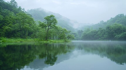 Misty Morning Lake Surrounded by Lush Green Forest