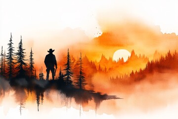 A soft watercolor painting of a forest hunting scene at sunrise, with a hunter silhouette blending into the warm hues of the morning light