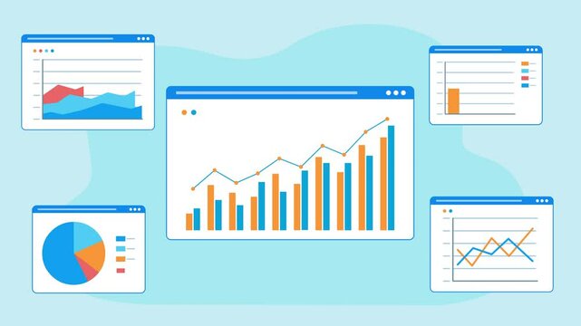 Animation of chart windows. Five web page tiles with five different charts appear. Pie chart, line chart, etc. Flat style animation. Data and charts app.