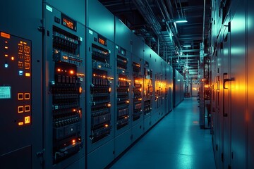 A long hallway showcasing electrical panels inside a large facility