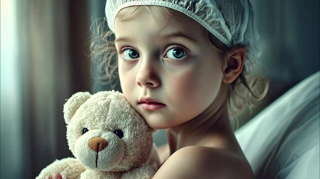 A young girl in a hospital cap holding a soft teddy bear, looking calm and peaceful. The concept of health, care, and recovery, applicable for healthcare institutions and children's services