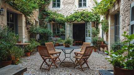 Obraz premium Cozy outdoor seating area with greenery in a charming stone courtyard during daylight. Generative AI