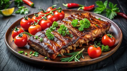 Grilled Ribs, Black Plate, Fresh Tomatoes, Parsley, Hearty Meal