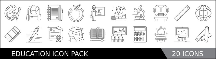 Education Icon Pack with Line Art Design, A set of 20 minimalist line-style education icons, including school supplies, books, learning tools, and academic symbols for digital and print use. 