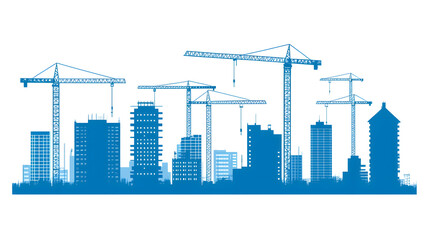 A blue silhouette of buildings and construction cranes on white background vector illustration
