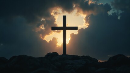 Symbolic representation of a holy cross illuminated against a dramatic sky embodying faith and hope with dark clouds adding depth to the powerful imagery