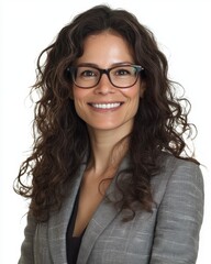Obraz premium Smiling Woman with Curly Hair in Gray Tweed Jacket