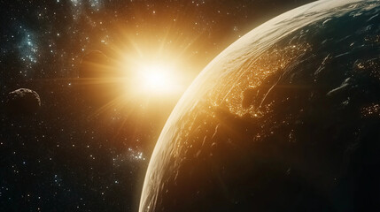 Obraz premium Apocalyptic Celestial Encounter: Glowing Asteroid on Collision Course with Earth Amidst Cosmic Splendor