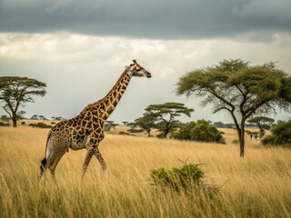 Fototapeta premium A giraffe is walking through a grassy field with trees in the background