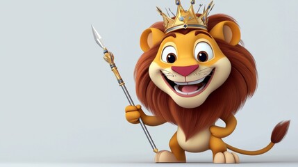 Cartoon Lion Wearing Crown and Holding Spear in Playful Vibrant Scene