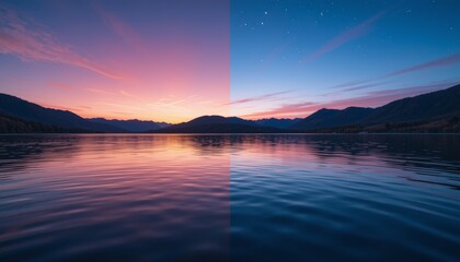 Obraz premium A split image showing a tranquil lake at sunset transitioning into night, mirroring the sky.