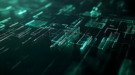 Obraz premium Abstract Digital Technology Network Circuit Board With Glowing Green Lines and Shapes in Dark Environment