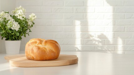 Artisan Bread on Wooden Board in Bright Kitchen