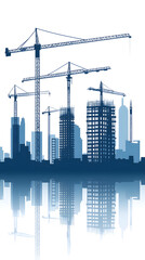 Obraz premium A blue silhouette of buildings and construction cranes on white background vector illustration 