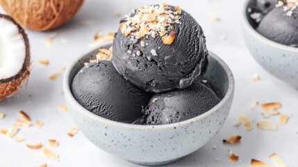 A bowl of charcoal ice cream topped with coconut flakes, surrounded by coconut halves, offering a unique and trendy dessert experience.
