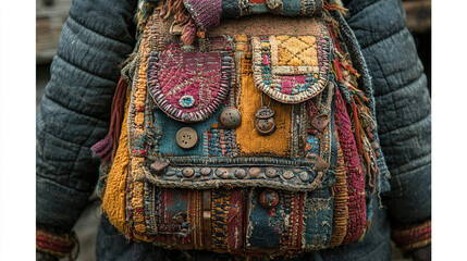 Colorful handmade backpack displaying intricate patterns and textures, showcasing unique craftsmanship and heritage. Generative AI