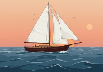 Fototapeta premium Elegant sailboat on tranquil ocean at sunset with soaring birds in vibrant sky