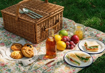 Summer picnic spread with fruits, pastries, and sandwiches on a floral blanket in a park setting