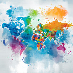 Square Artistic World Map in Vibrant Watercolor – Modern Abstract Global Geography Artwork