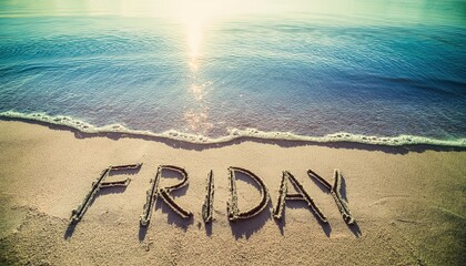 Serene beach scene with the word 'FRIDAY' written in sand, reflecting weekend vibes.