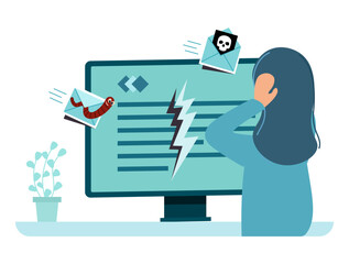 a woman can't handle malware attack. malicious email. fishing email,  Vector illustration in flat style.
