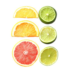 Fototapeta premium Vibrant and Refreshing Isolated Citrus Slices: Fresh, Juicy Oranges and Limes Cut in Half for a Bold, Zesty Appeal