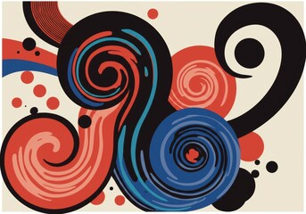 Abstract retro swirl pattern in red and blue with geometric shapes