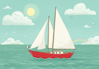 Fototapeta premium Charming red sailboat on a sunny day with clouds and seagull in a serene seascape