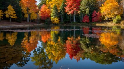 Fototapeta premium Foliage Reflections: A Pond Capturing Autumn’s Beauty