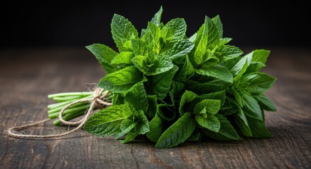 Fresh green bunch of mint leaves on rustic wooden table